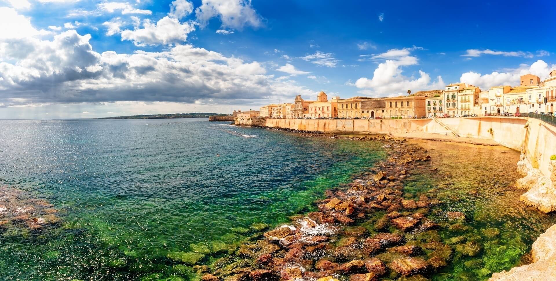 Syracuse view from the seafront of Ortigia, to the Maniace Castle